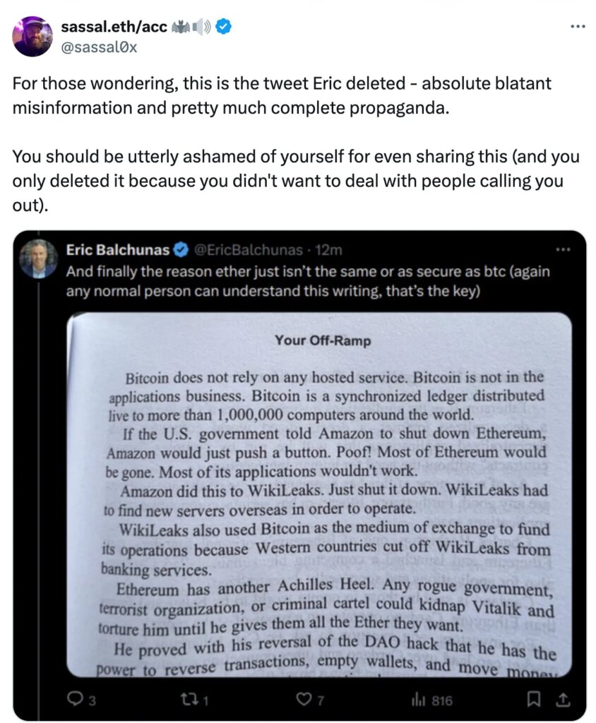 Ethereum community lashes out at Bloomberg’s Eric Balchunas over 'misinformation'