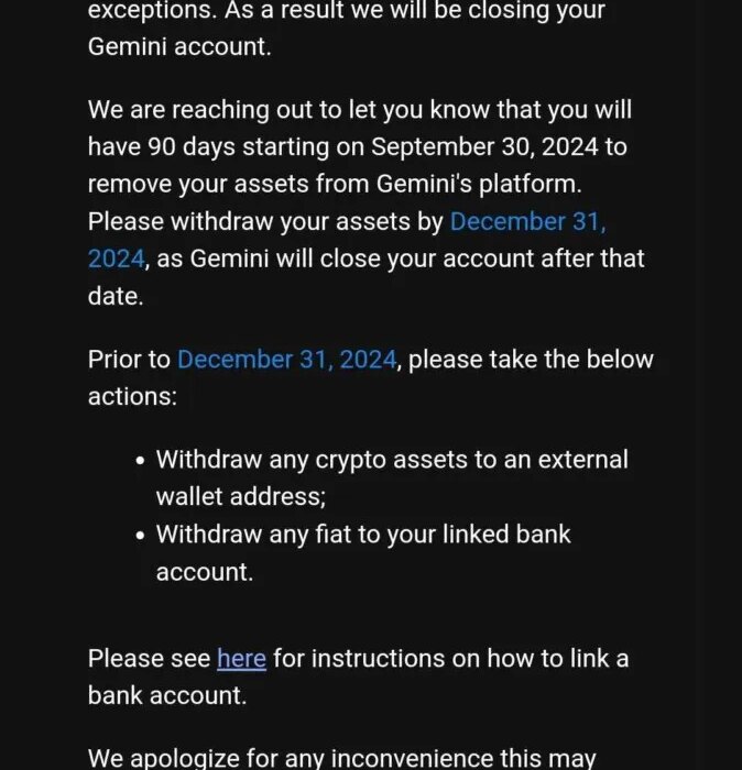 Gemini to shut down Canadian accounts, users given 90-day ultimatum to withdraw funds