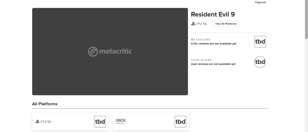 Resident Evil 9 meta critic listing